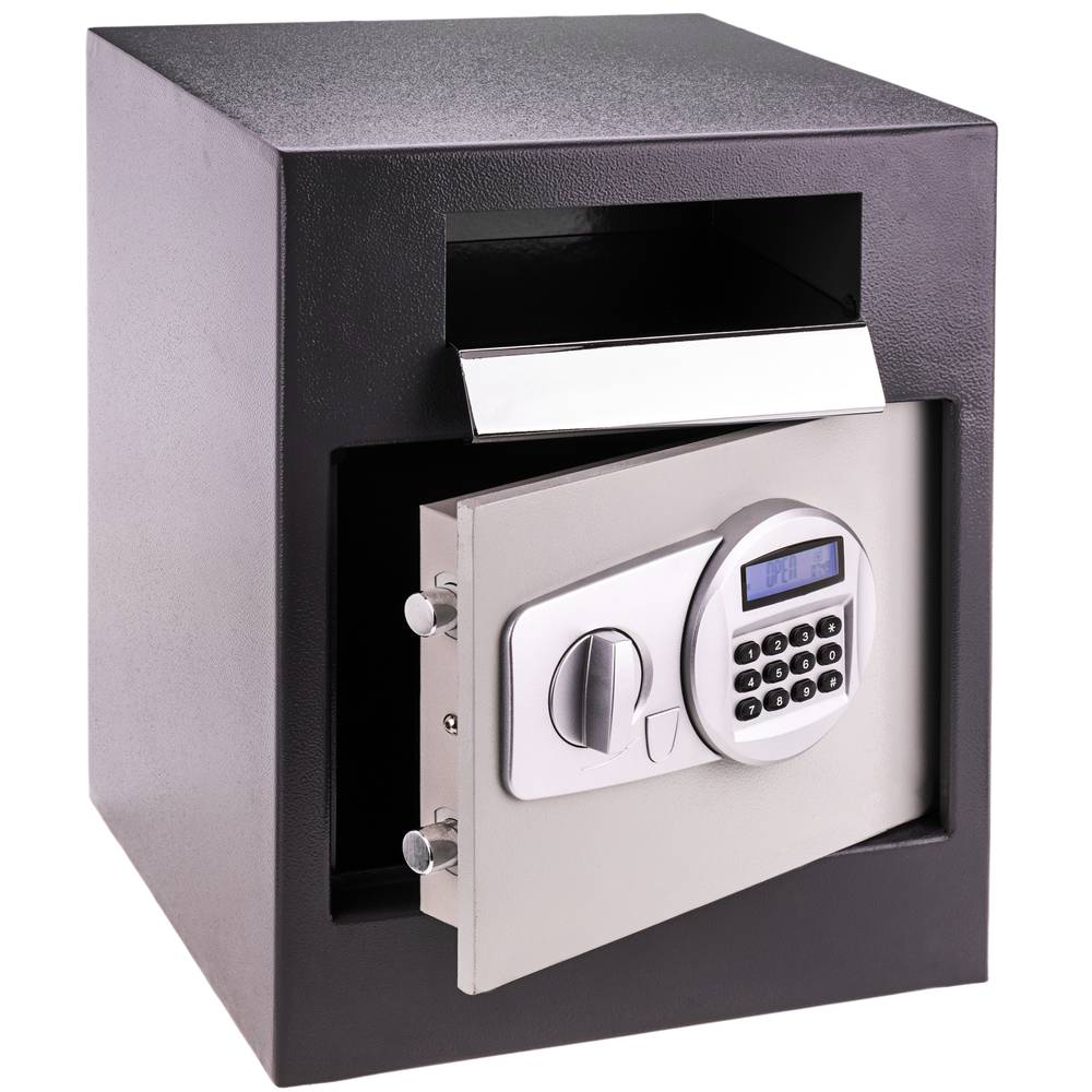 Security money safe key operated in steel wallmount with groove 35x33x45cm black