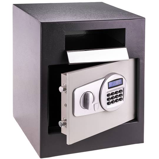 Security money safe key operated in steel wallmount with groove 35x33x45cm black