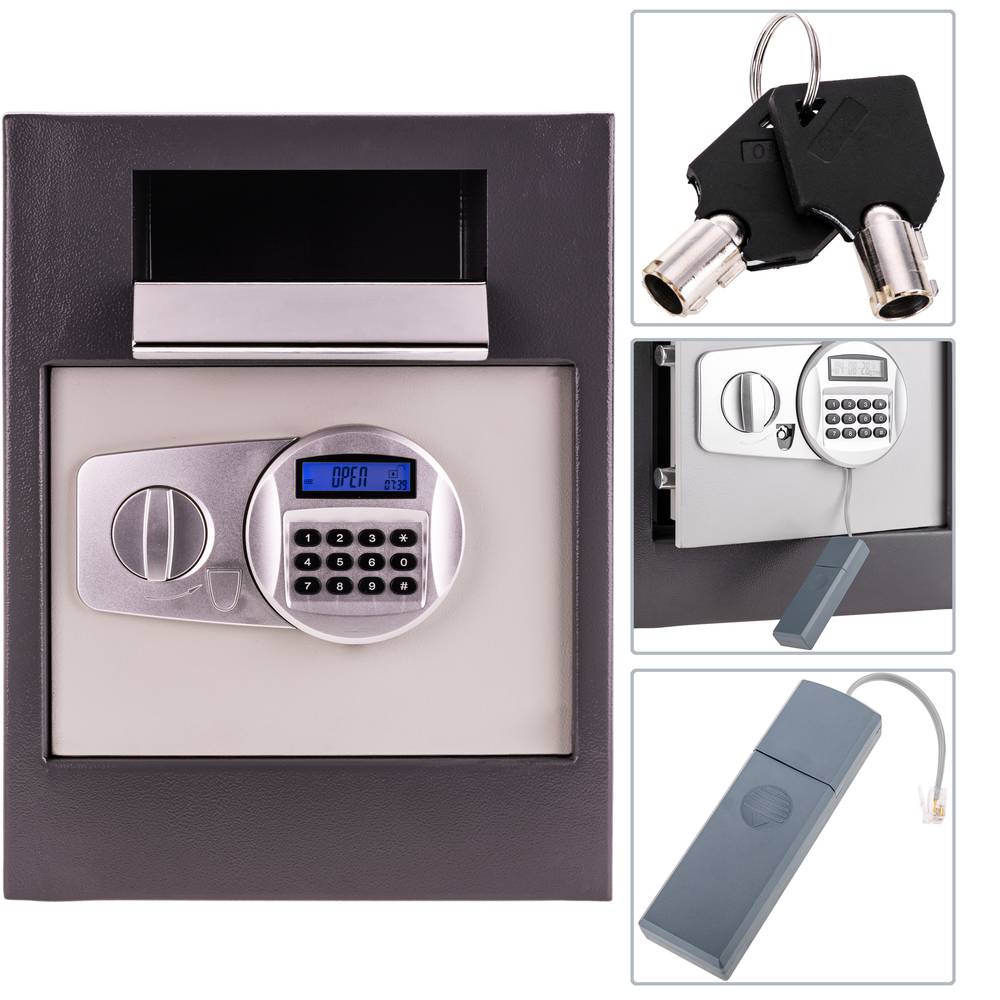 Security money safe key operated in steel wallmount with groove 35x33x45cm black
