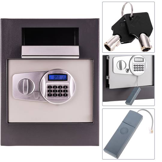 Security money safe key operated in steel wallmount with groove 35x33x45cm black