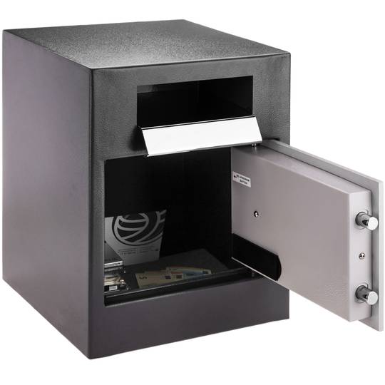 Security money safe key operated in steel wallmount with groove 35x33x45cm black