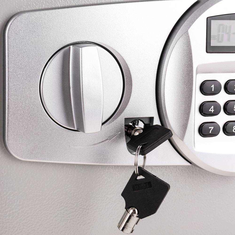 Security money safe key operated in steel wallmount with groove 35x33x45cm black