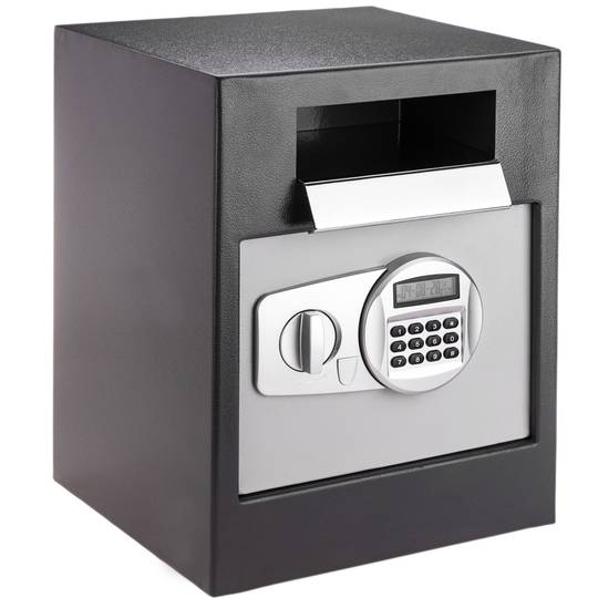 Security money safe key operated in steel wallmount with groove 35x33x45cm black