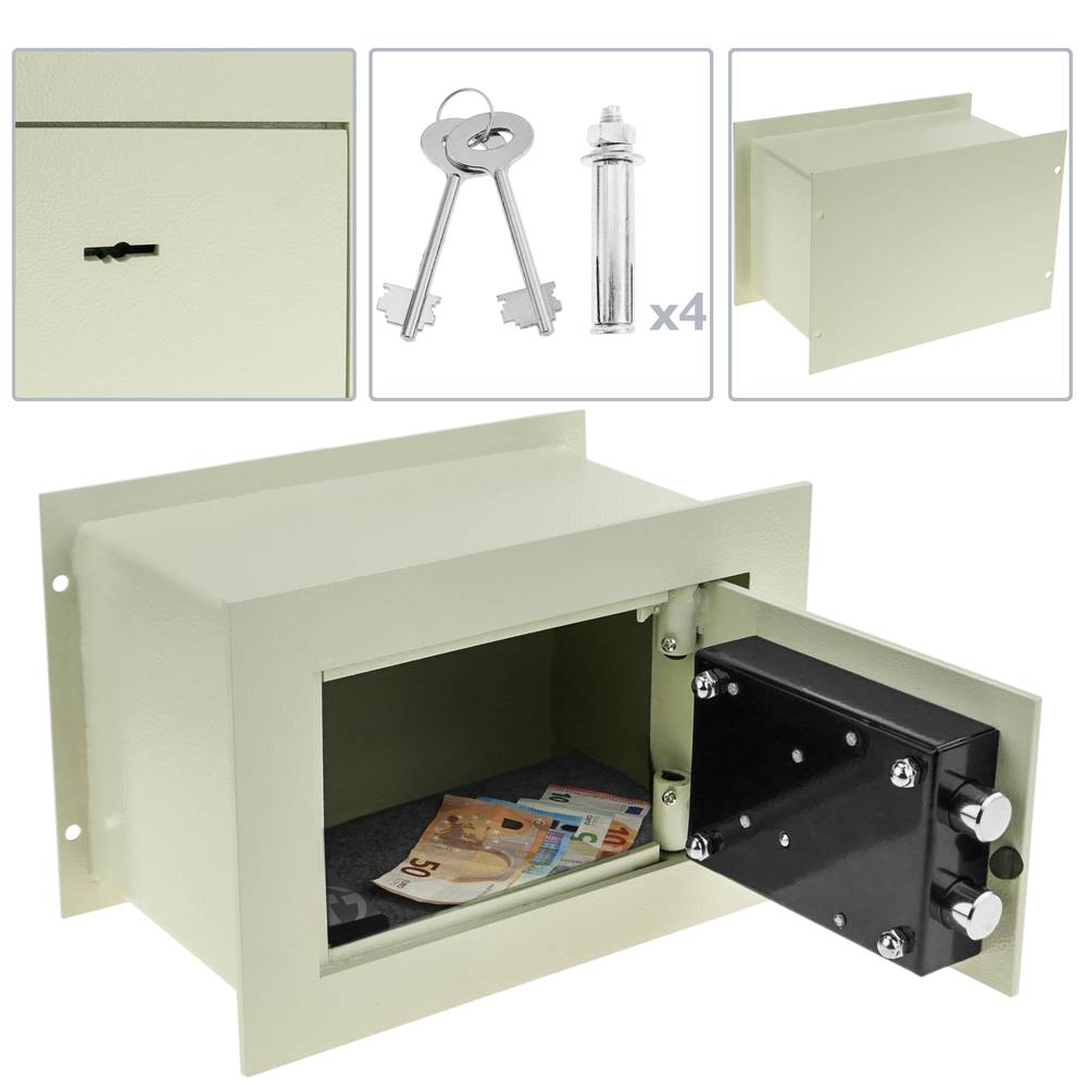 Recessed security money safe key operated in steel wallmount 26x15x18cm beige
