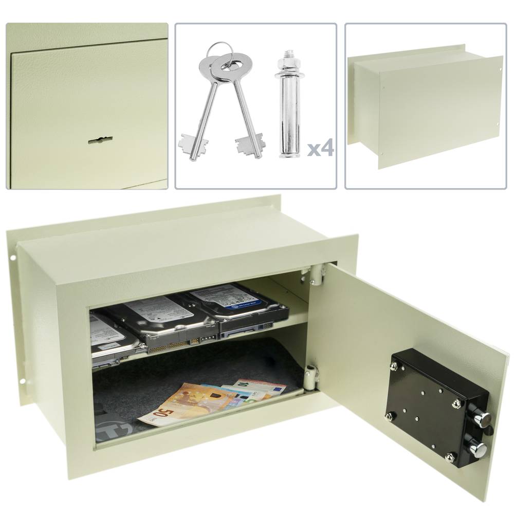 Coffre-fort mural de sécurité en retrait en acier à clé 40x20x25cm beige