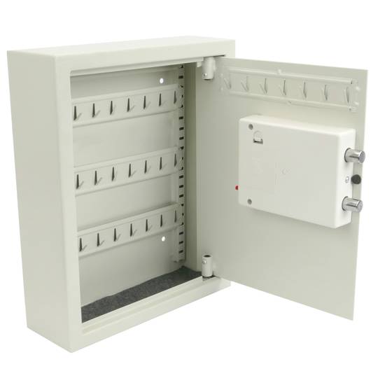Armari de claus amb 34 ganxos. Caixa forta amb codi electrònic 30x10x37cm beix