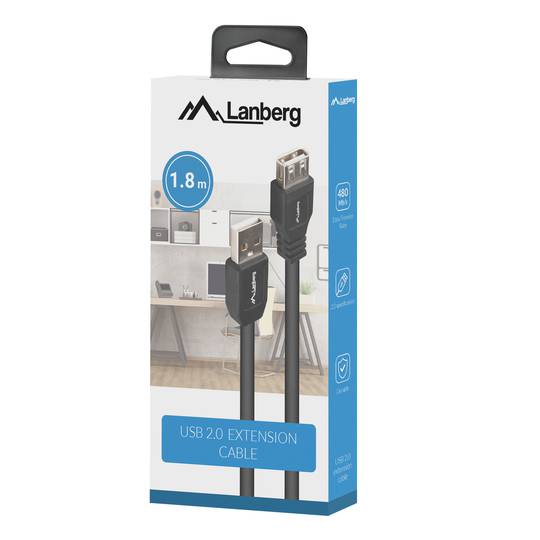 Lanberg Câble USB A Mâle vers USB A Femelle 2.0 Noir 1.8 m Black Box QC 3.0 CA-USBE-15CU-0018-BK