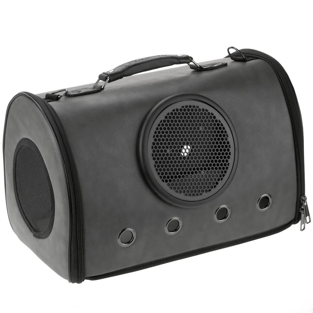 Pet carrier for cats and dogs. rigid travel bag in gray soft PU surface