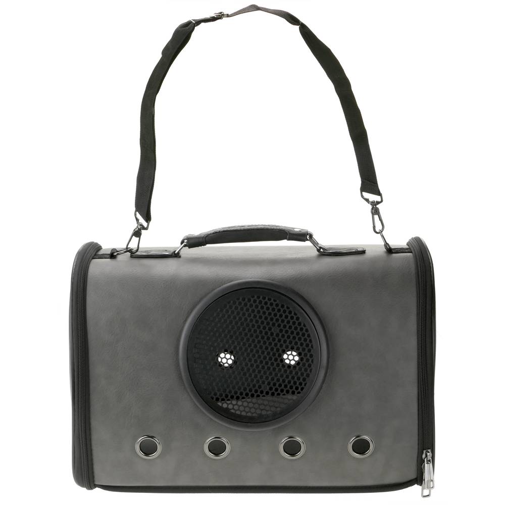 Pet carrier for cats and dogs. rigid travel bag in gray soft PU surface