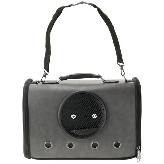Pet carrier for cats and dogs. rigid travel bag in gray soft PU surface