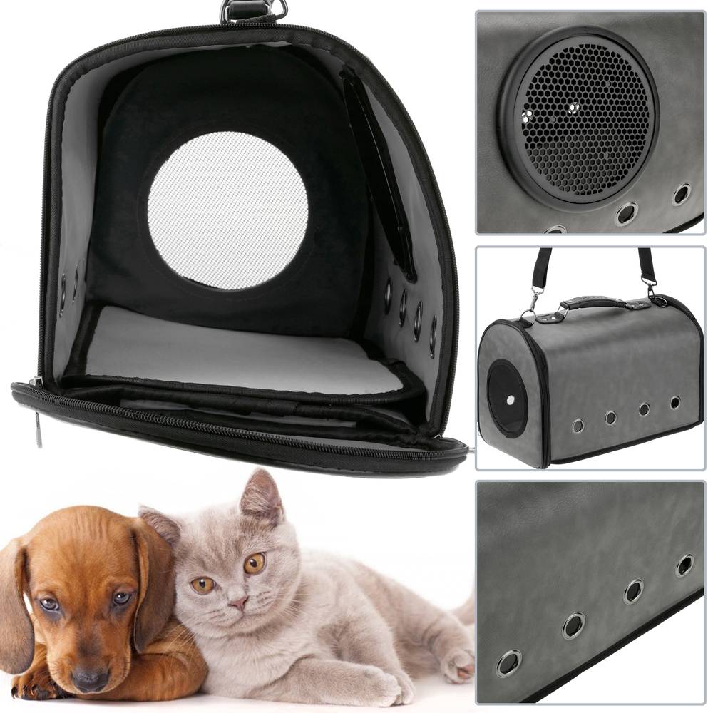 Pet carrier for cats and dogs. rigid travel bag in gray soft PU surface