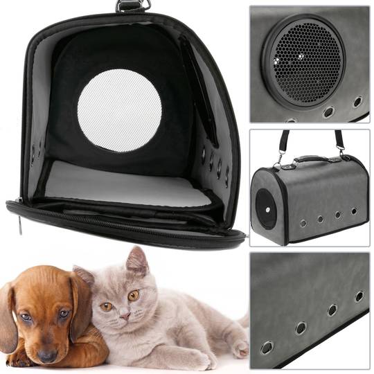 Pet carrier for cats and dogs. rigid travel bag in gray soft PU surface