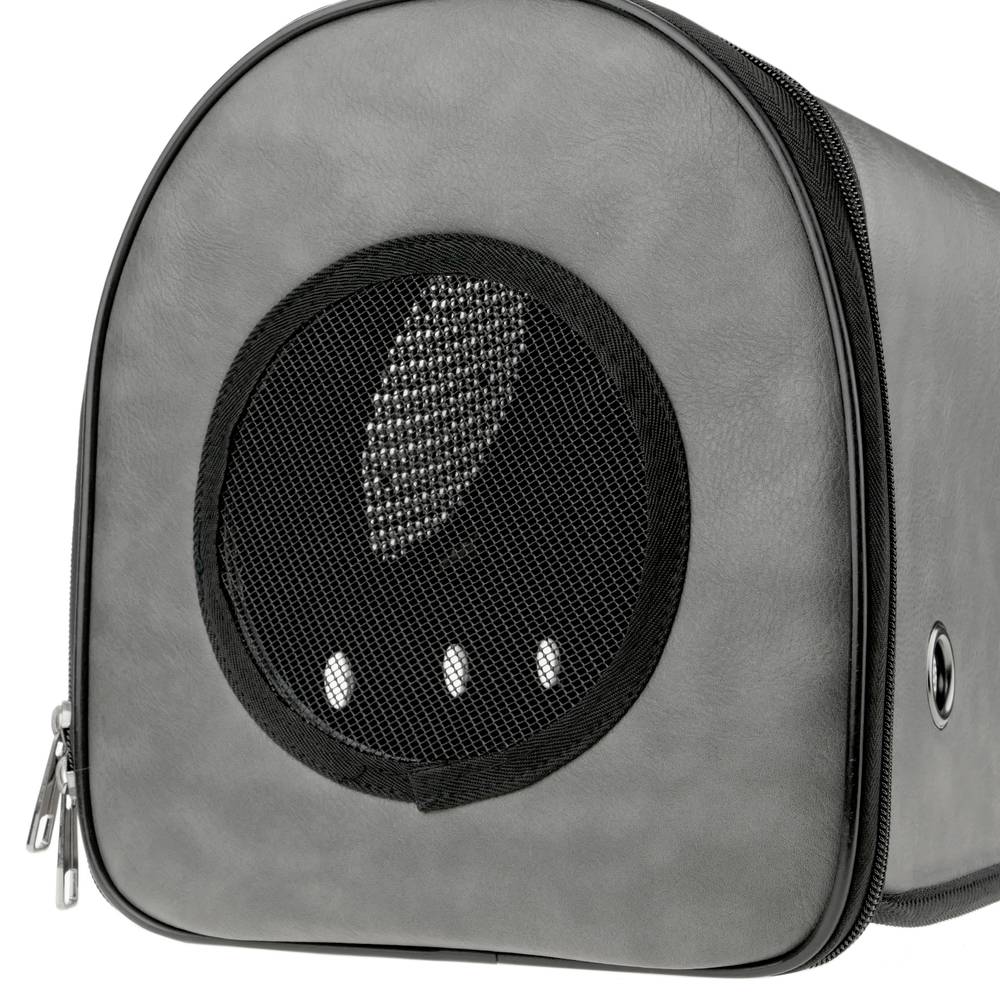 Pet carrier for cats and dogs. rigid travel bag in gray soft PU surface