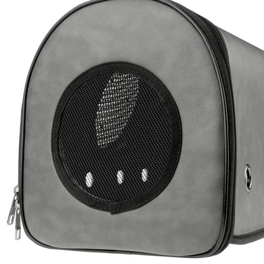 Pet carrier for cats and dogs. rigid travel bag in gray soft PU surface
