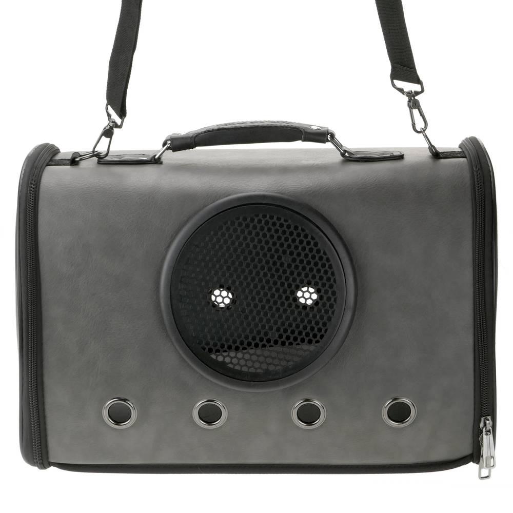 Pet carrier for cats and dogs. rigid travel bag in gray soft PU surface