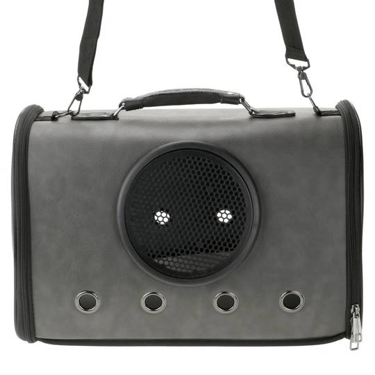 Pet carrier for cats and dogs. rigid travel bag in gray soft PU surface
