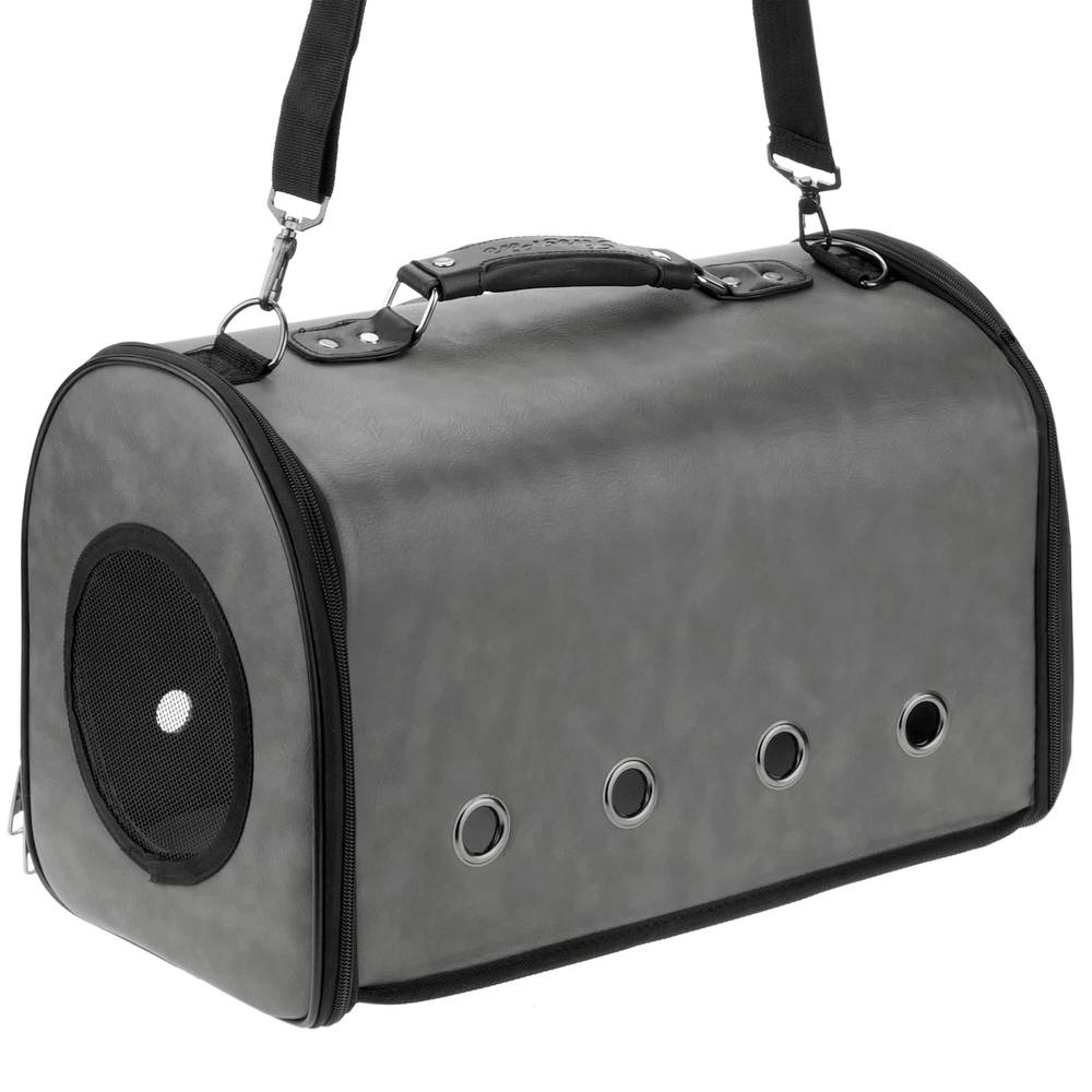 Pet carrier for cats and dogs. rigid travel bag in gray soft PU surface