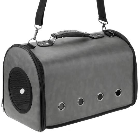 Pet carrier for cats and dogs. rigid travel bag in gray soft PU surface