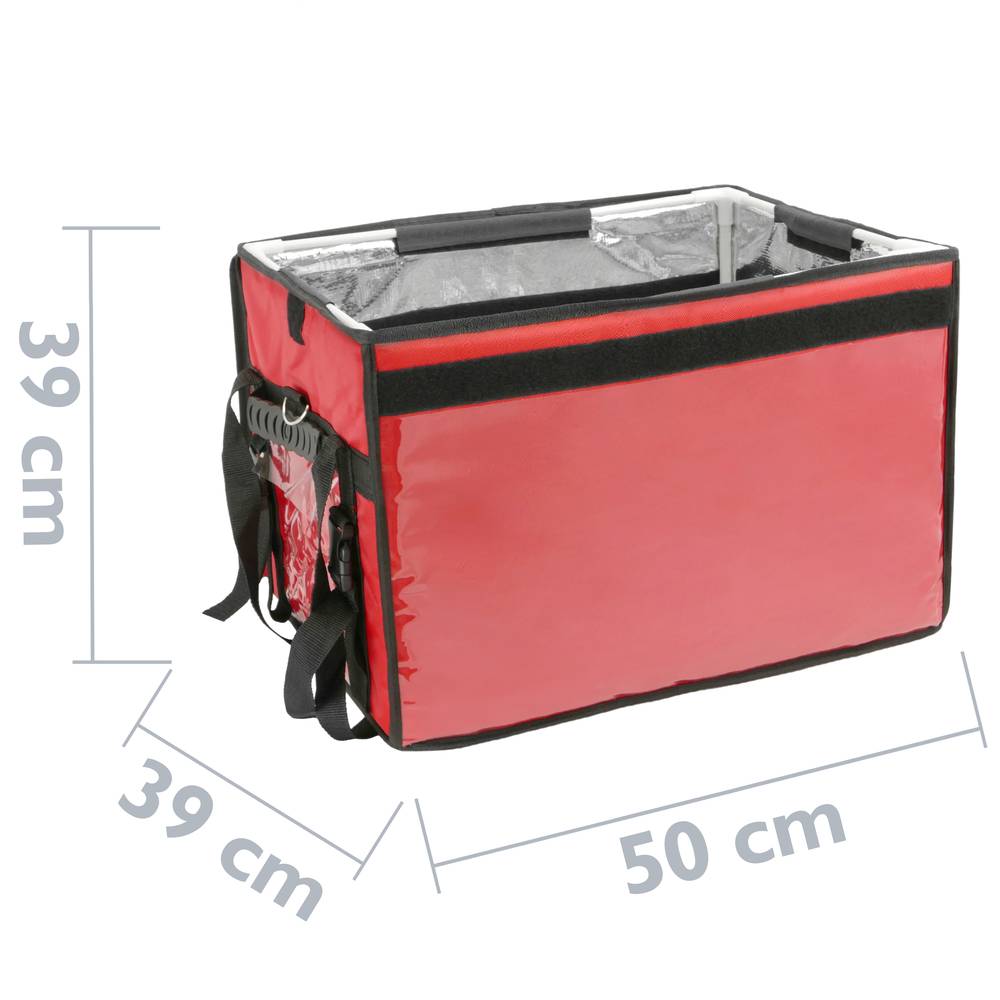 Saco isotérmico 50 x 39 x 39 cm vermelho para churrascos e entrega de pedidos de comida em motocicleta ou bicicleta