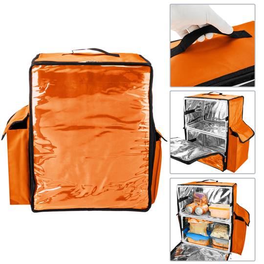 Mochila isotérmica 39 x 50 x 25 cm laranja para churrascos e entrega de pedidos de comida em motocicleta ou bicicleta