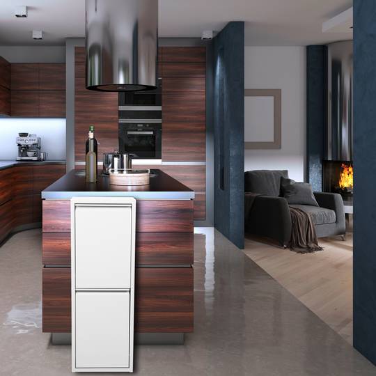 Metallic waste bin with 3 white compartments for recycling