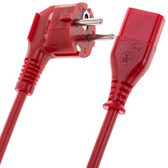 Cabo de alimentação elétrica 3x0,75 IEC60320 C13 para Schuko macho angular vermelho 1,8m