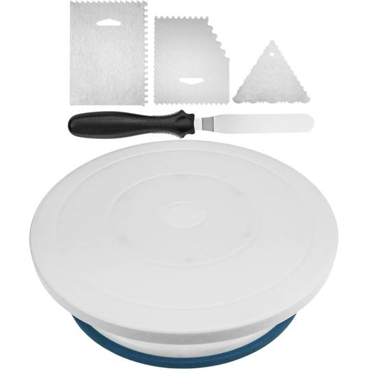 Base girevole per dolci da 28 cm con 4 spatole. Piattaforma rotante bianca