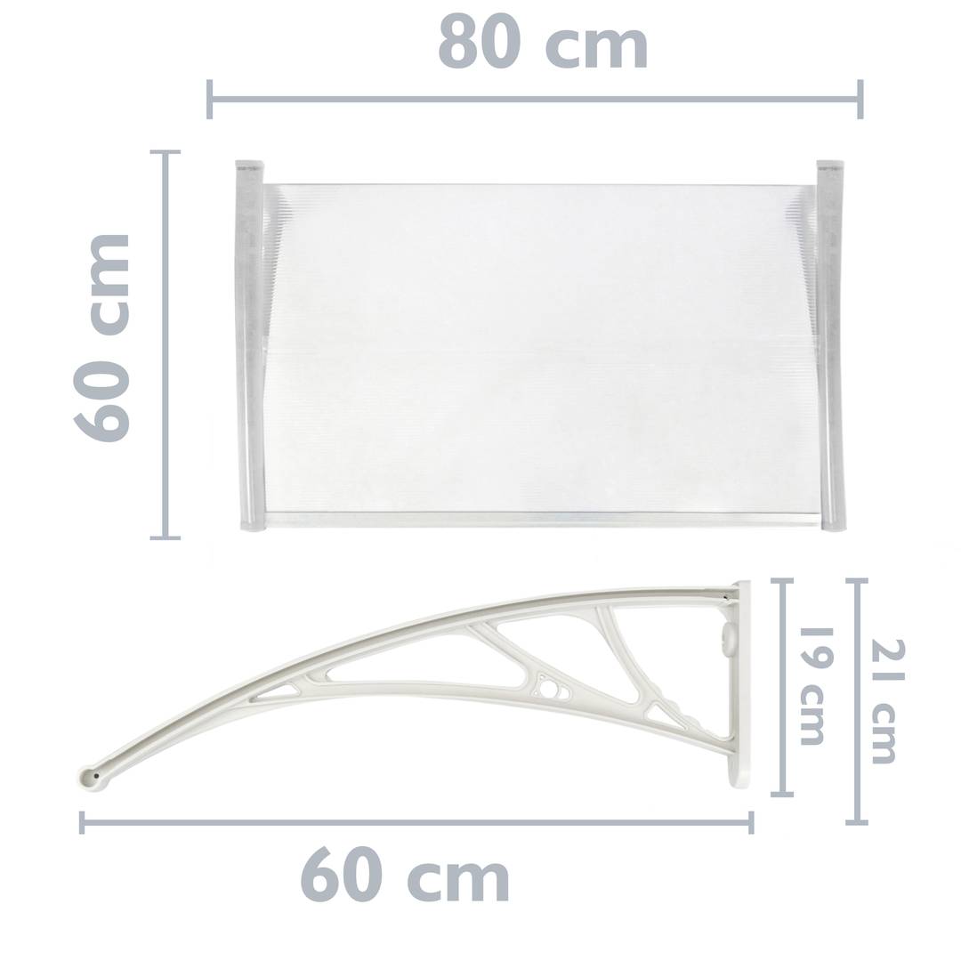 Canopy awning for door and window 80x60 cm transparent. Patio cover shelter with white support