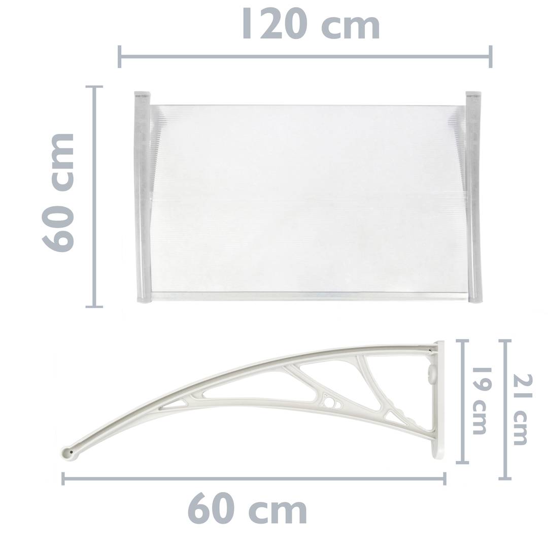 Canopy awning for door and window 120x60 cm transparent. Patio cover shelter with white support