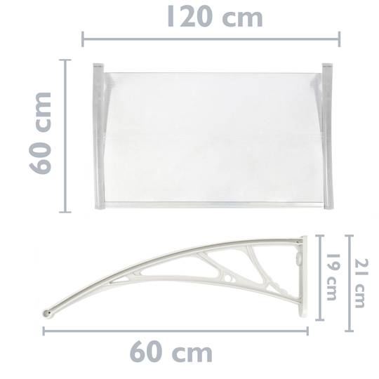 Canopy awning for door and window 120x60 cm transparent. Patio cover shelter with white support