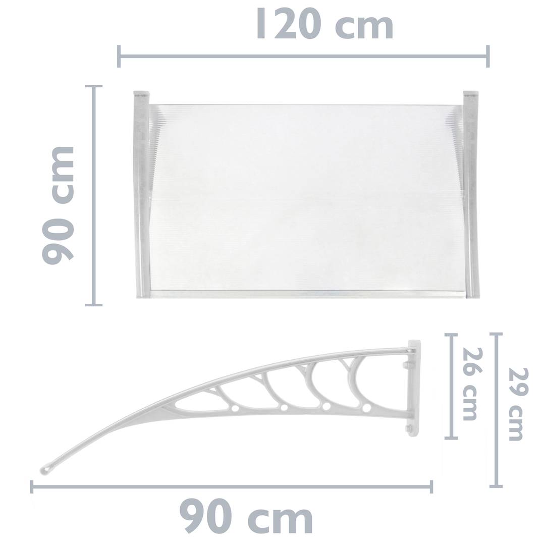 Telhado de proteção 120x90 cm transparente. Marquesinha para portas e janelas com suporte branco