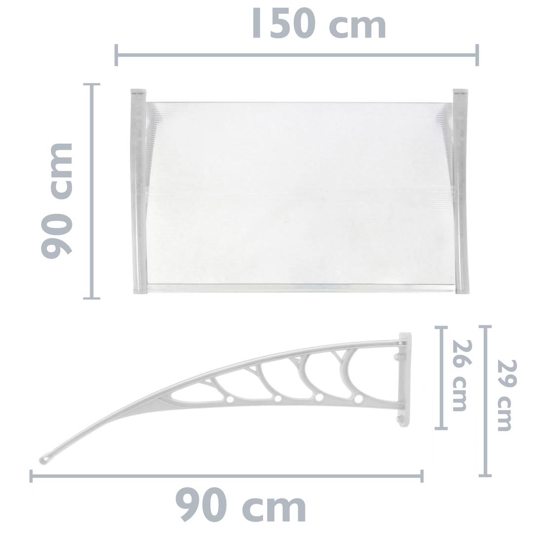 Tejadillo de protección 150x90 cm transparente. Marquesina para puertas y ventanas con soporte blanco