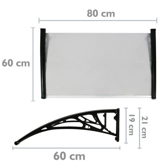 Tejadillo de protección 80x60 cm gris oscuro. Marquesina para puertas y ventanas con soporte negro