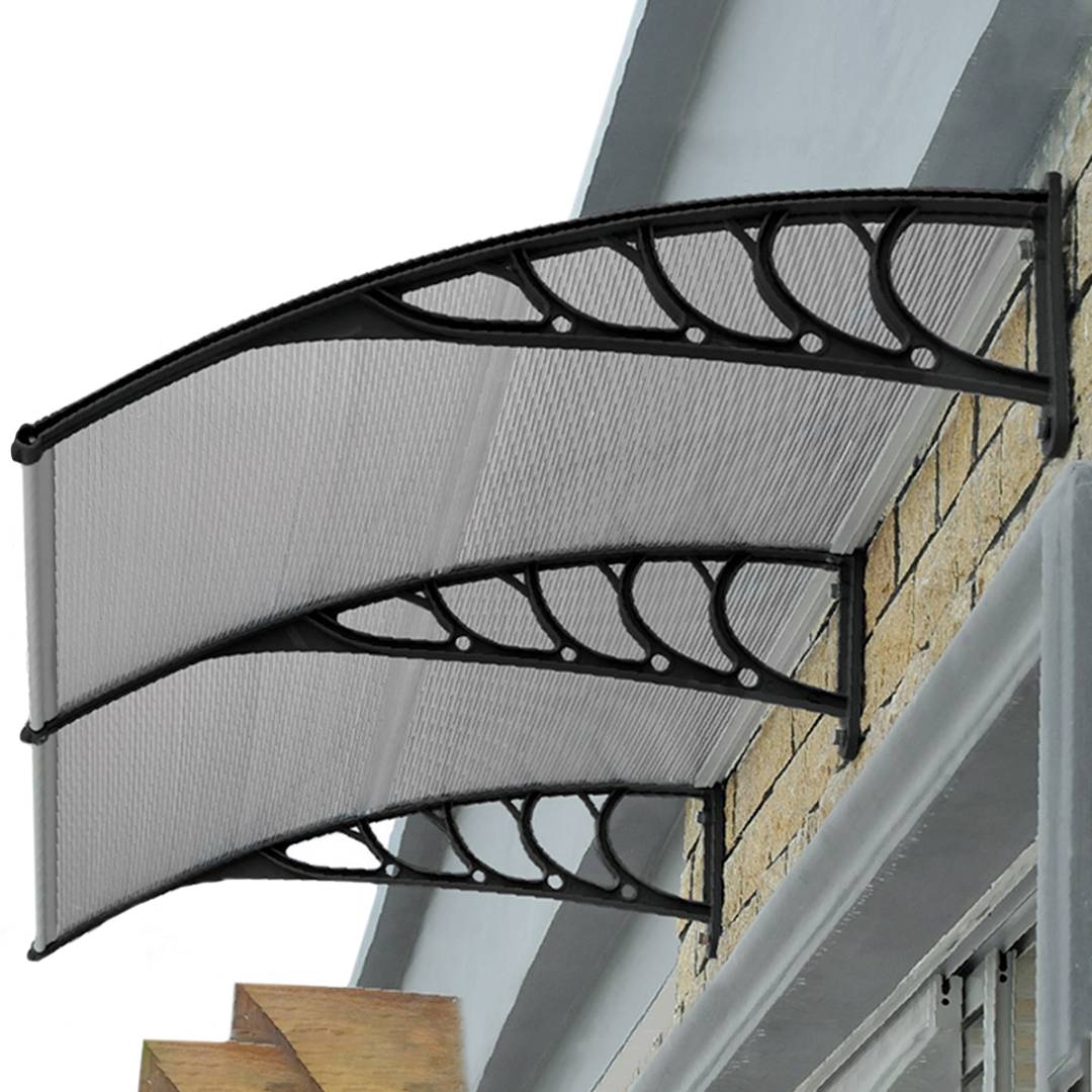 Auvent de porte et fenêtres 120x60 cm gris foncé. Marquise solaire abri banne entrée protection avec support noir