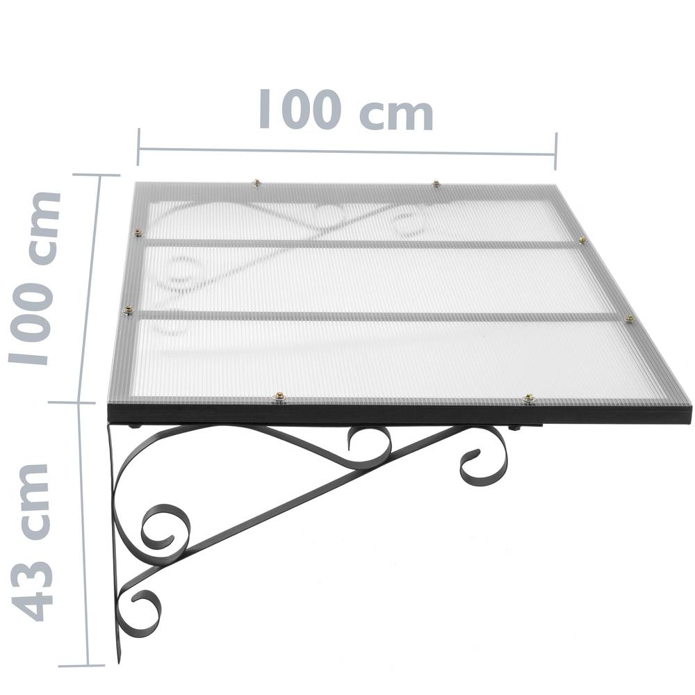 Pensilina classica 100 x 100 cm Tendone in policarbonato per porte e finestre in acciaio nero