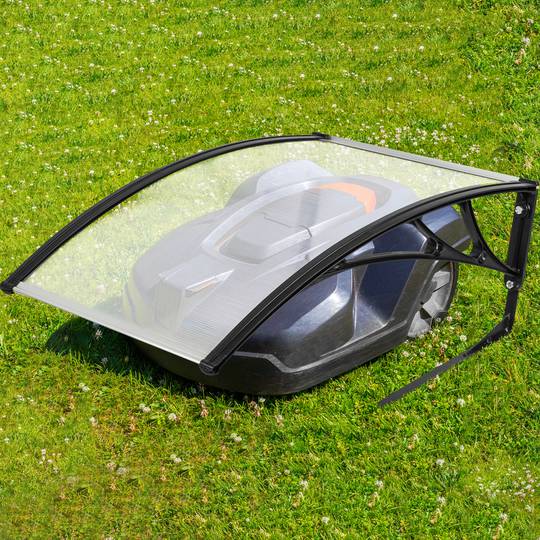 Beschermkap voor grasmaaier 77 x 103 cm transparant. Luifel met zwarte steun voor installatie op de grond.