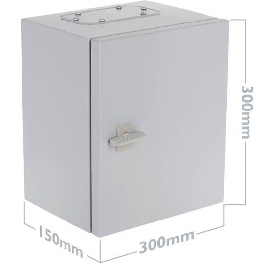 Caixa de distribuição elétrica metálica com proteção IP54 para fixação na parede 300x300x150mm