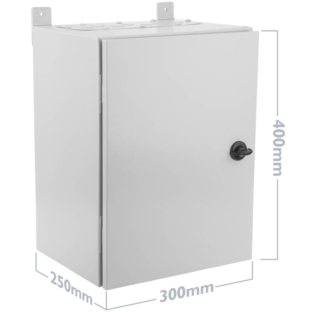 Caja de distribución eléctrica metálica con protección IP54 para fijación a pared 300x400x250mm