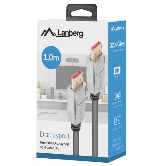 Lanberg Câble DisplayPort 1.4 mâle vers DisplayPort 1.4 mâle 20 broches 1m 8k noir CA-DPDP-20CU-0010-BK