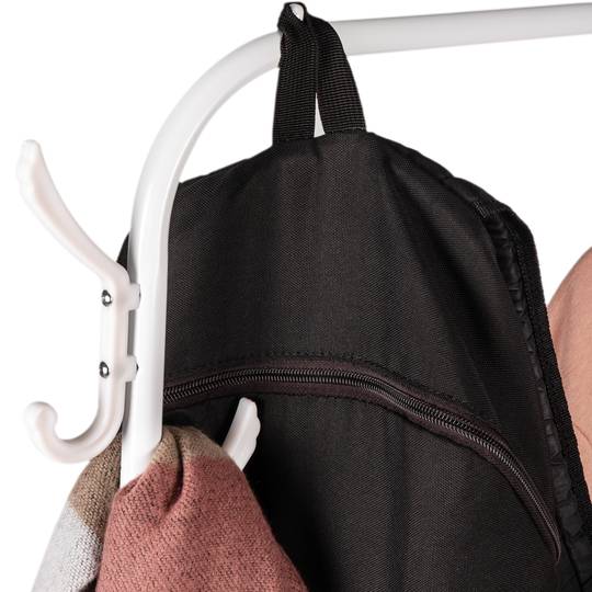 Multifunctional white metal coat rack with hanger and 2 low shelves