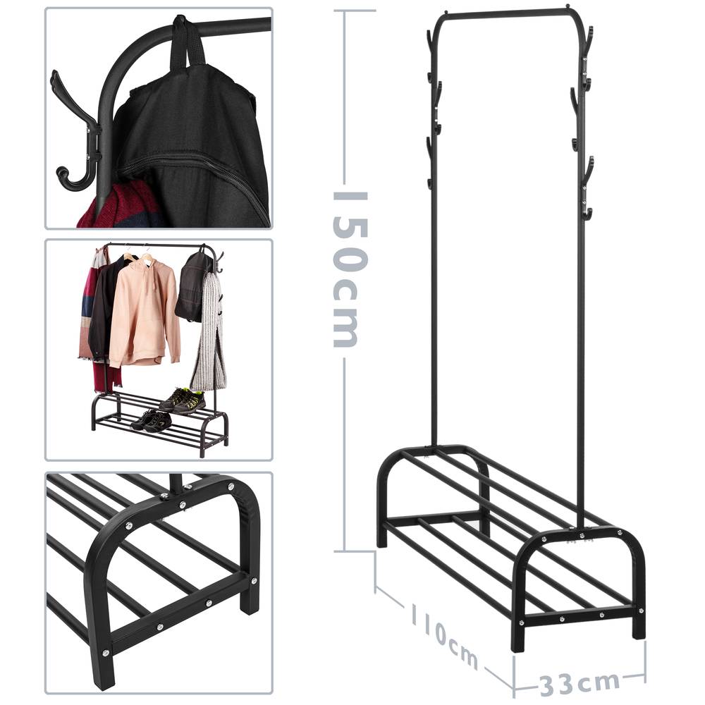 Multifunktionale Garderobe aus schwarzem Metall mit Kleiderbügel und 2 niedrigen Regalen