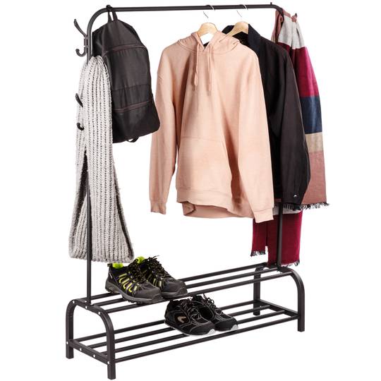 Multifunktionale Garderobe aus schwarzem Metall mit Kleiderbügel und 2 niedrigen Regalen