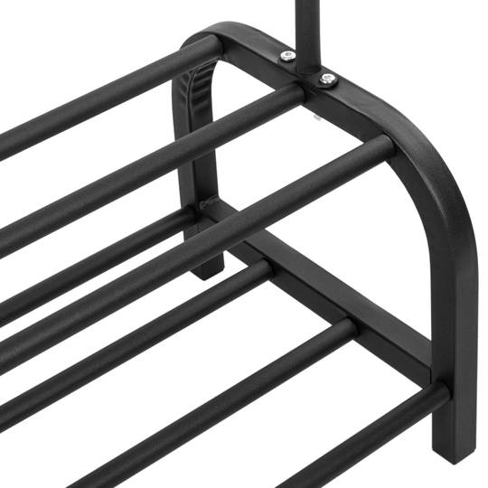 Multifunktionale Garderobe aus schwarzem Metall mit Kleiderbügel und 2 niedrigen Regalen