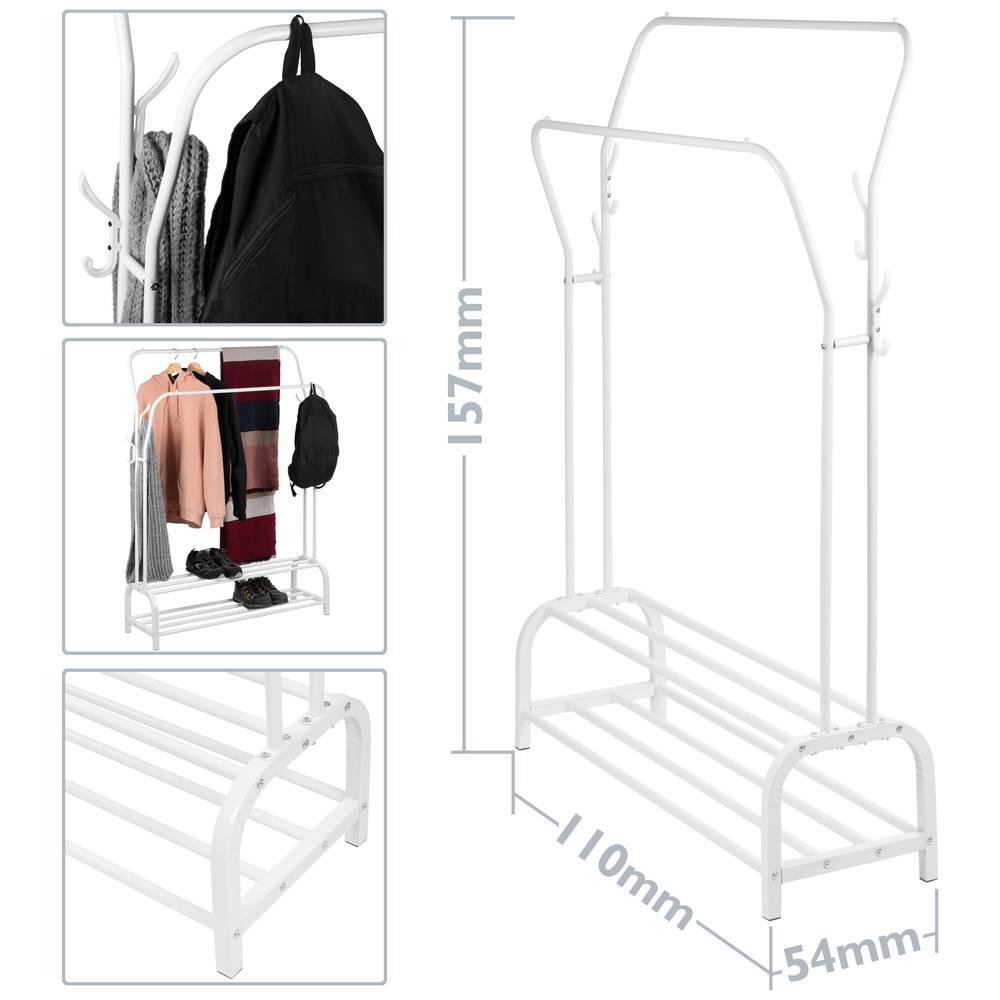 Perchero metálico blanco multifuncional con doble colgador y 2 estantes bajos