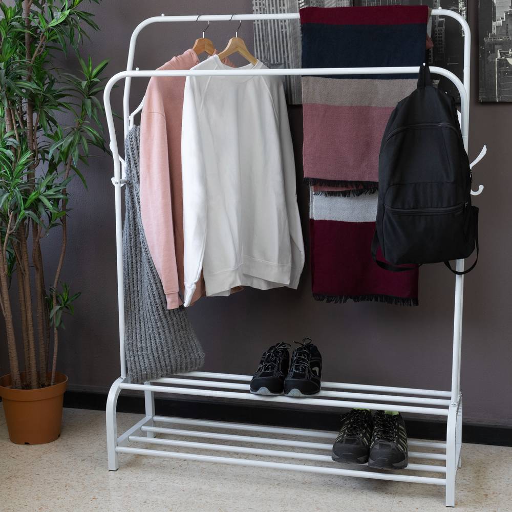 Multifunctional white metal coat rack with double hanger and 2 low ...