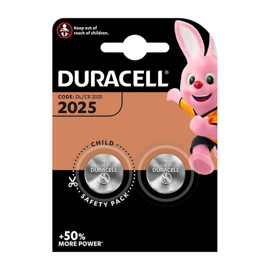 Pack of 2 units of Duracell 3V 20xx2.5mm CR2025 lithium button cell