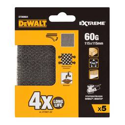 Lot de 5 papiers abrasifs 1/4 maille 115 x 115 mm grain 60 pour ponceuses orbitales Dewalt DTM8664-QZ