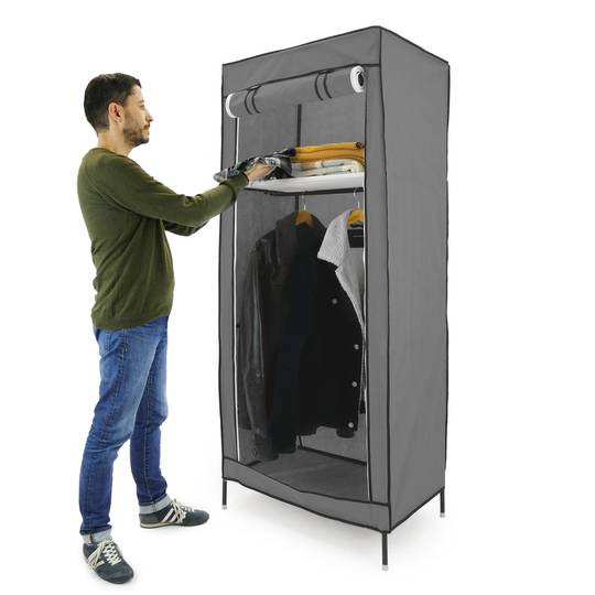 Fabric wardrobe for clothes storage and organiser 70 x 45 x 155 cm gray with roll-up door