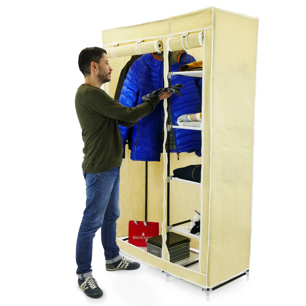 Kledingkast kast kast verwijderbare stof 110 x 45 x 175 cm dubbel beige met roldeuren