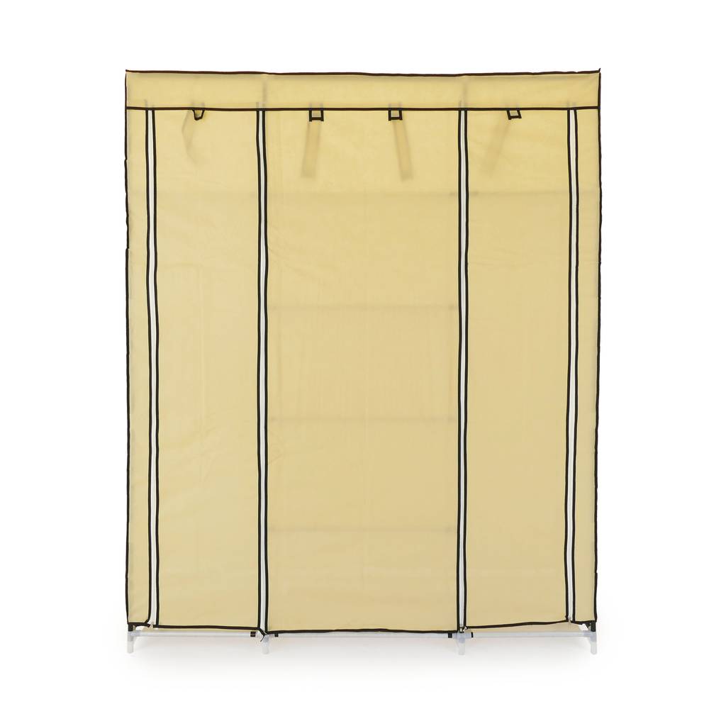 Fabric wardrobe for clothes storage and organiser 150 x 45 x 175 cm triple beige with roll-up door